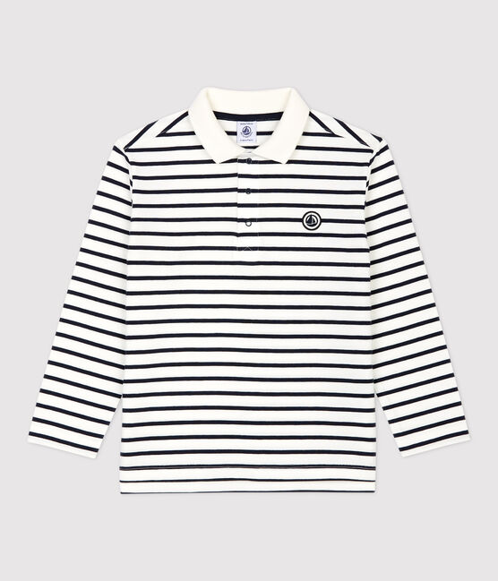 Langärmeliges, gestreiftes Kinder-Poloshirt aus Baumwolle für Jungen weiss MARSHMALLOW/blau SMOKING